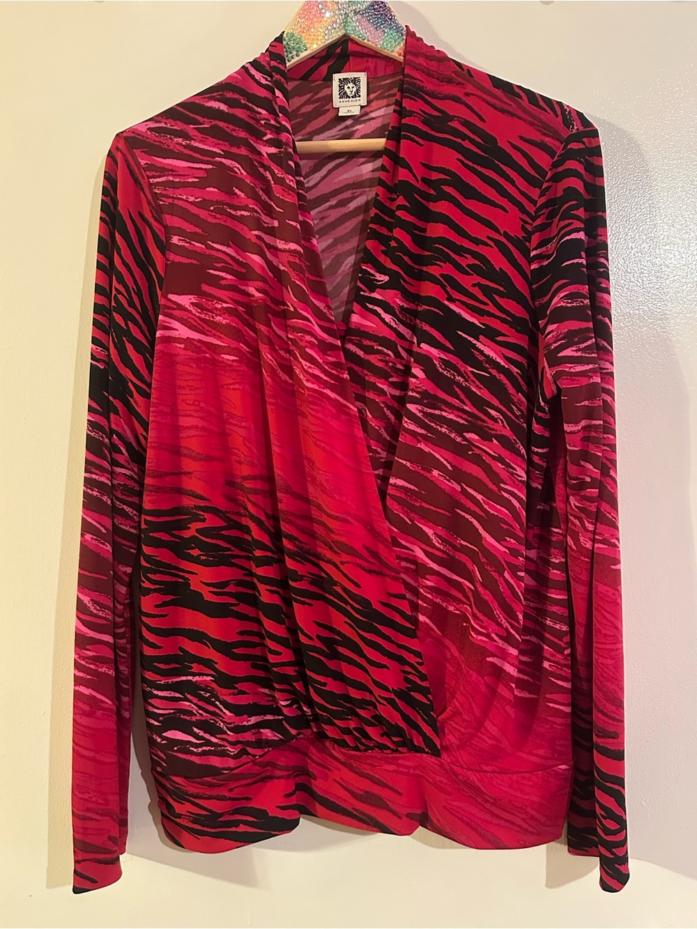 Anne Klein Hot Pink, Berry and Black Zebra-Print Wrap-Style Long Sleeve Top